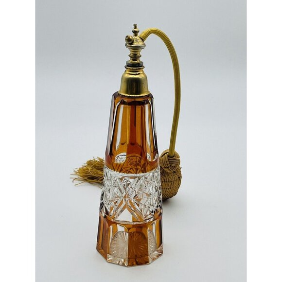Vtg Cut To Clear Amber Crystal Glass Perfume Bottle Atomizer - Picture 2 of 9